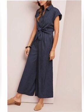 Ett:Twa James by Anthropologie Tie-Waist Button-Front Jumpsuit, Dark Navy Sz 12